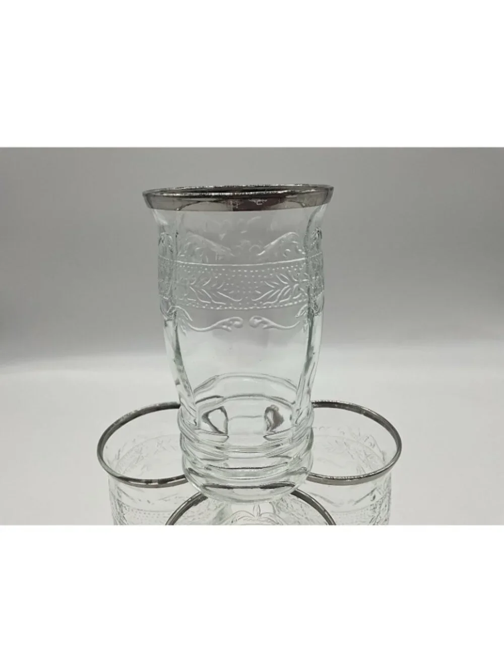 MacBeth -Evans Strippled Rose Band Clear Depression Glass Tumbler w/silver Rim